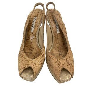 Oscar De La Renta Peep Toe Platform Slingback Heels Size 5.5 Tan & Gold
